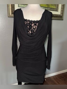 Joseph Ribkoff Black Long-Sleeve Draped Lace-Front Bodycon Dress